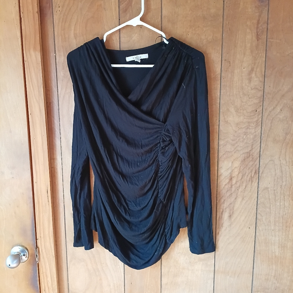 Fever Women’s Black Ruched Drape Front Long Sleeve Top Size XL